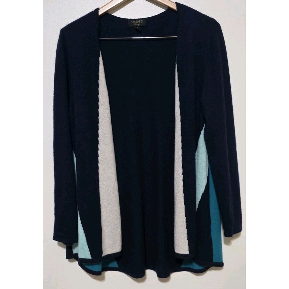 Charter Club Cashmere Color Block Open-Front Blue Teal M Woman Sweater Nautical